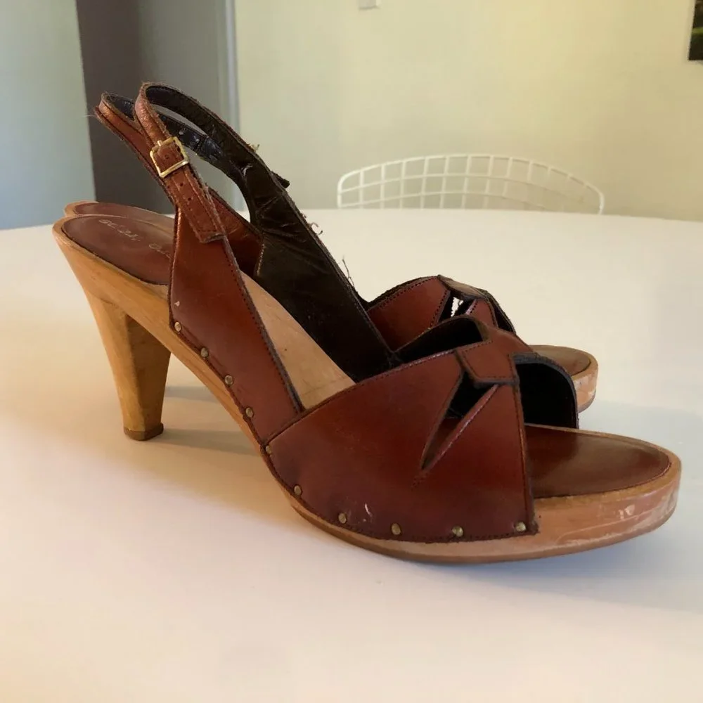 Vintage BareTraps Bare Traps 70s Wood Platform Sandals Heels Shoes - Picture 7 of 8